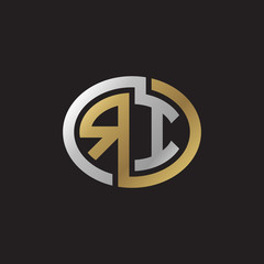 Initial letter RI, looping line, ellipse shape logo, silver gold color on black background