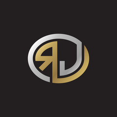 Initial letter RJ, looping line, ellipse shape logo, silver gold color on black background