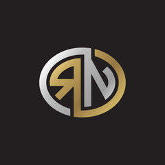 Initial letter RN, looping line, ellipse shape logo, silver gold color on black background