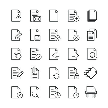 Document related icons: thin vector icon set, black and white kit