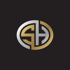 Initial letter SH, looping line, ellipse shape logo, silver gold color on black background
