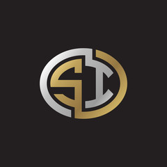 Initial letter SI, looping line, ellipse shape logo, silver gold color on black background