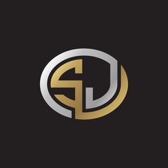 Initial letter SJ, looping line, ellipse shape logo, silver gold color on black background