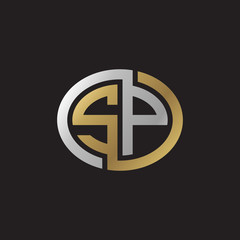 Initial letter SP, looping line, ellipse shape logo, silver gold color on black background