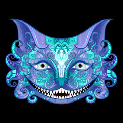 Vector Cheshire Cat Grin. Isolated Fictional Animal On Black Background