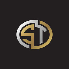 Initial letter ST, looping line, ellipse shape logo, silver gold color on black background
