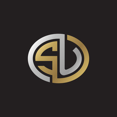 Initial letter SU, looping line, ellipse shape logo, silver gold color on black background