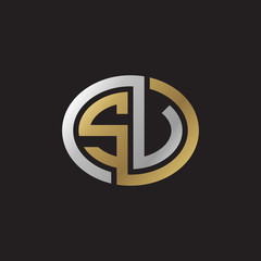 Initial letter SV, SU, looping line, ellipse shape logo, silver gold color on black background