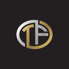 Initial letter TF, looping line, ellipse shape logo, silver gold color on black background