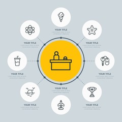 Circle network chart hotel, education, travel infographic template with 8 options for presentations, advertising, annual reports.