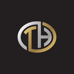 Initial letter TH, looping line, ellipse shape logo, silver gold color on black background
