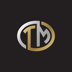 Initial letter TM, looping line, ellipse shape logo, silver gold color on black background
