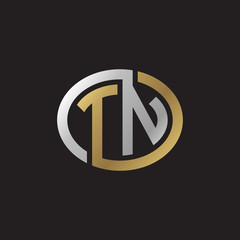 Initial letter TN, looping line, ellipse shape logo, silver gold color on black background