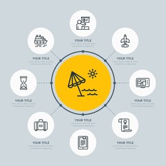 Circle network chart hotel, education, travel infographic template with 8 options for presentations, advertising, annual reports.