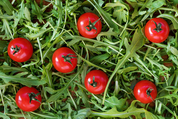 fresh, red cherry tomatoes on green arugula background