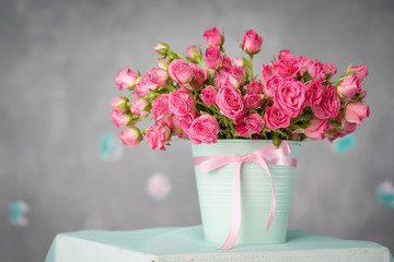 small Bush pink roses in a mint-colored pot on a gray background