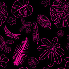 seamless pattern Tropical collection. Botanical hand drawn illustration of sketch objects with hand lettering exotic summer aloha tropic. © Aleksandra