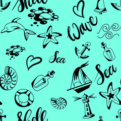 seamless sea pattern. hand drawn Sea sketch set. Summer, vacation theme