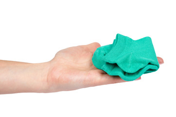 Cotton kid sock with hand isolated on white background