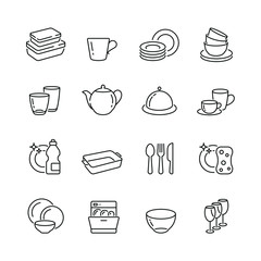 Dish and plates related icons: thin vector icon set, black and white kit