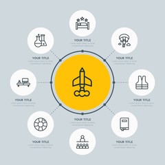 Circle network chart hotel, education, travel infographic template with 8 options for presentations, advertising, annual reports.