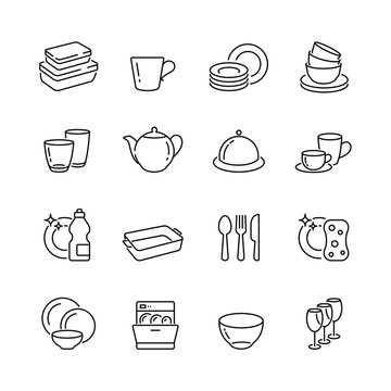 Dish And Plates Related Icons: Thin Vector Icon Set, Black And White Kit