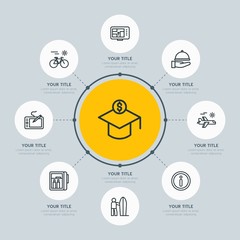 Circle network chart hotel, education, travel infographic template with 8 options for presentations, advertising, annual reports.