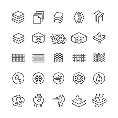 Fabrics and layered material related icons: thin vector icon set, black and white kit - obrazy, fototapety, plakaty