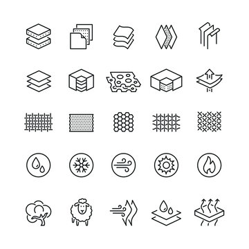 Fabrics and layered material related icons: thin vector icon set, black and white kit