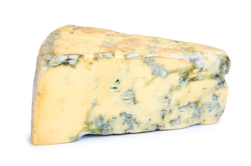 Piece of milky blue cheese, isolated on white background
