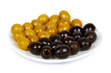 Organic olive berry on plate isolated on white background