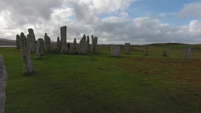 Aerial shot of the Callanish Standing Stones located on the Isle of Lewis, Outer Hebrides, Scotland.