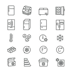 Fridge related icons: thin vector icon set, black and white kit