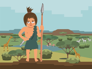 caveman hunter on savannah landscape background