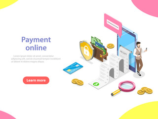 Flat isometric vector concept of receipt, online payment, money transfer, mobile wallet.