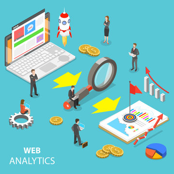 Flat isometric vector concept of web analytics, website statistic, SEO audit report, marketing strategy.