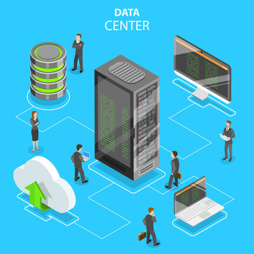 Flat isometric vector concept of data center, cloud storage, secure server database, hosting, file service.