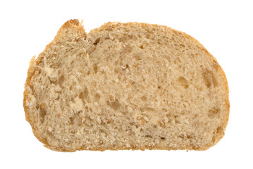 Single slice of whole wheat bread isolated on a white background.