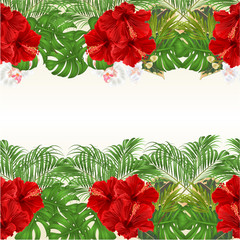 Floral horizontal border seamless background with blooming hibiscus and orchid and tropical leaves  vector Illustration for use in interior design, artwork, dishes, clothing, packaging, greeting cards