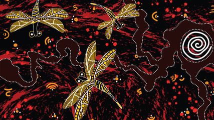 Aboriginal art background with dragonfly, Landscape Illustration based on aboriginal style of dot painting. 