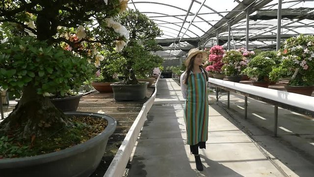 Beautiful asian girl working in the japanese greenhouse
