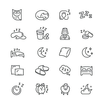 Sleep related icons: thin vector icon set, black and white kit
