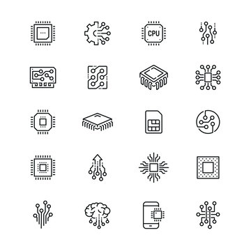 Electronics related icons: thin vector icon set, black and white kit