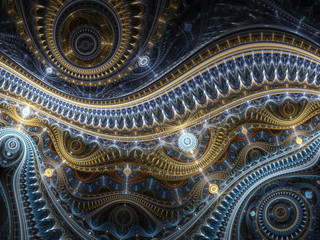 Fototapeta premium Dark blue and yellow steampunk texture, digital artwork for creative graphic design
