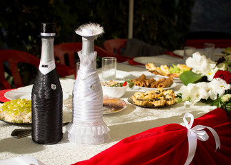 Wedding beautiful decor. Flowers and other wedding decorations. Wedding festive table.