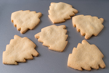 Tree shaped Christmas cookies on a baking sheet.