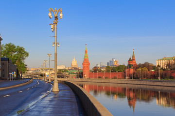 View of Moscow Kremlin and Sofiyskaya embankment on a sunny spring morning