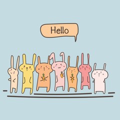 Cute Bunny Say Hello Set. Vector Illustration.