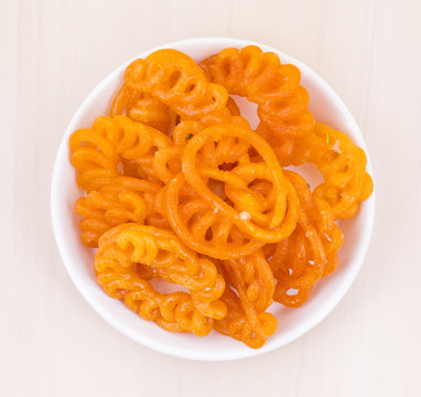 Indian Traditional Sweet Imarti Also Know as Amriti, Omriti, Jahangir, Jalebi, Jaangiri. It is Mde by Deep-Frying Vigna Mungo Flour Batter in a Kind of Circular Flower Shape.