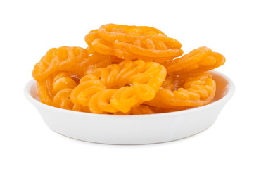 Indian Sweet Food Imarti Also Know as Amriti, Omriti, Jahangir, Jalebi, Jaangiri. It is Mde by Deep-Frying Vigna Mungo Flour Batter in a Kind of Circular Flower Shape. isolated on white Background